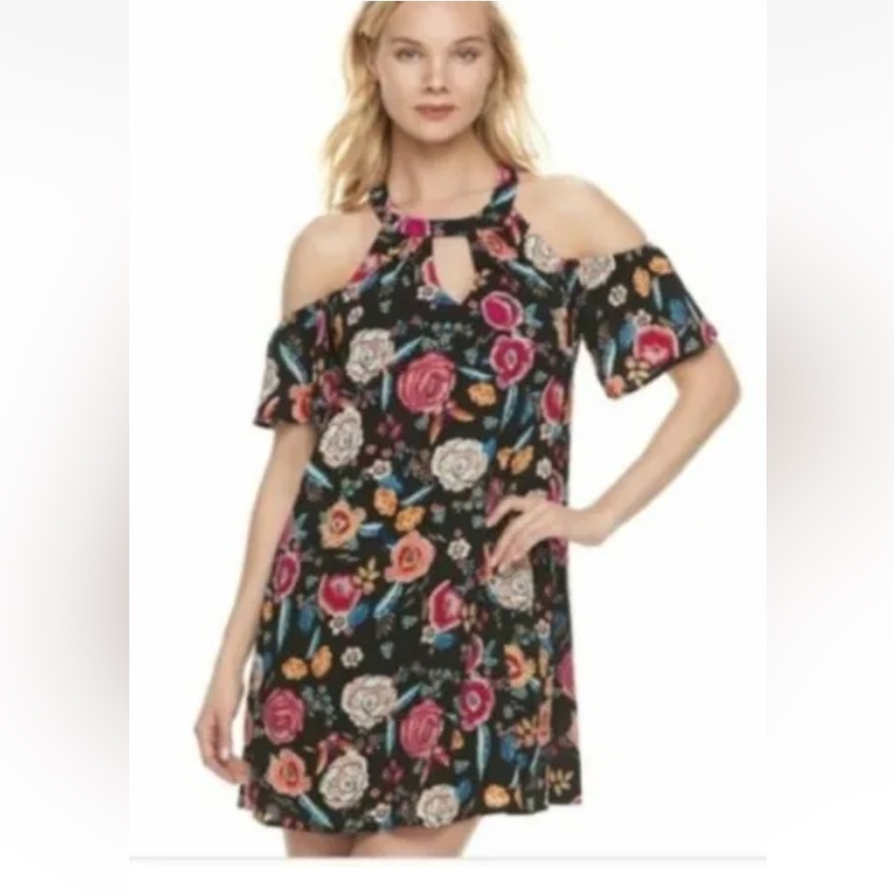 Lily Rose Floral Print Dress Womens Medium Cold Shoulder Black Multicolored